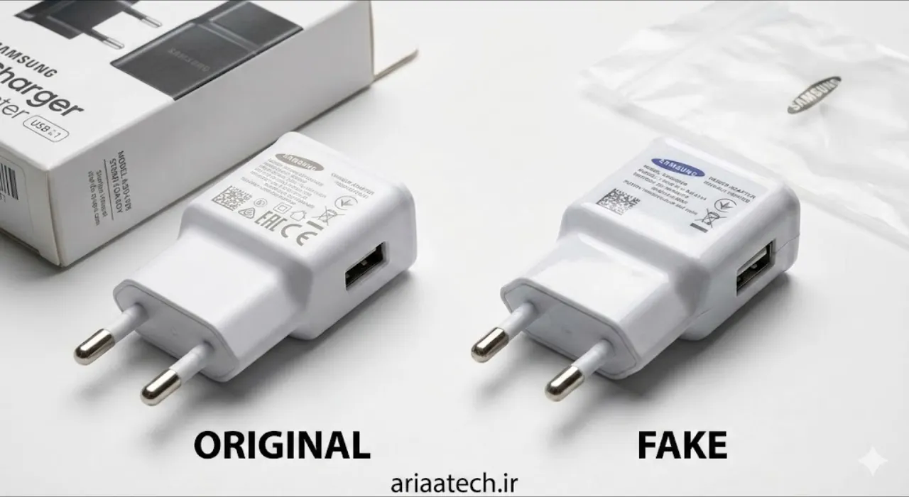 مقایسه نوشته های روی بدنه شارژر اصلی سامسونگ با نسخه فیک